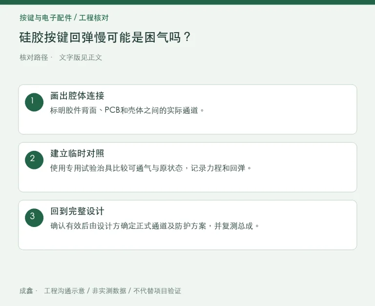硅胶按键回弹慢可能是困气吗？排气路径与裙边结构分开查：原创工程核对路径示意