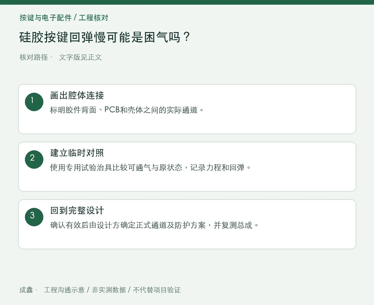 硅胶按键回弹慢可能是困气吗？排气路径与裙边结构分开查 三步核对图
