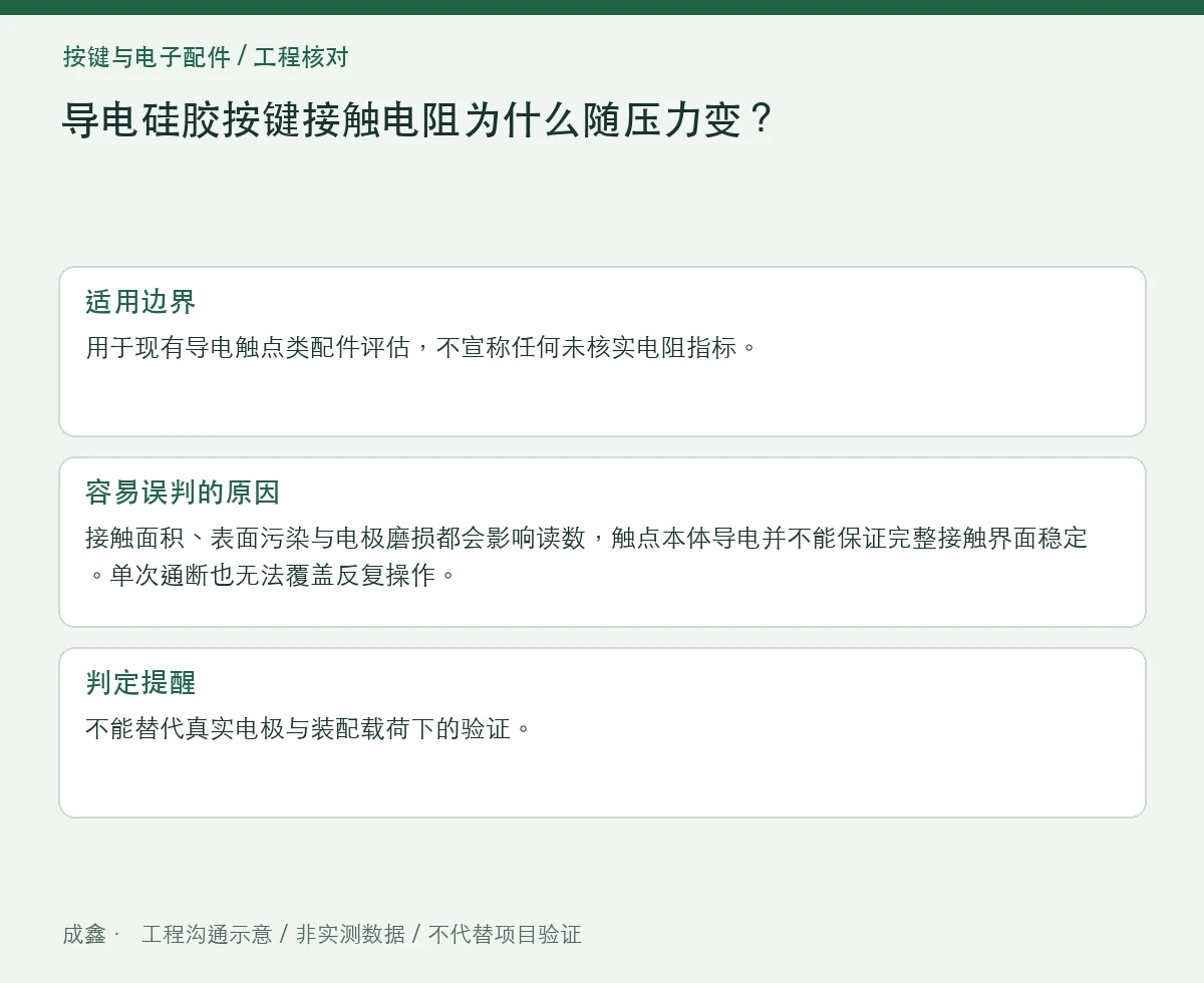 导电硅胶按键接触电阻为什么随压力变?测量载荷与电极状态 适用边界与判定提醒图