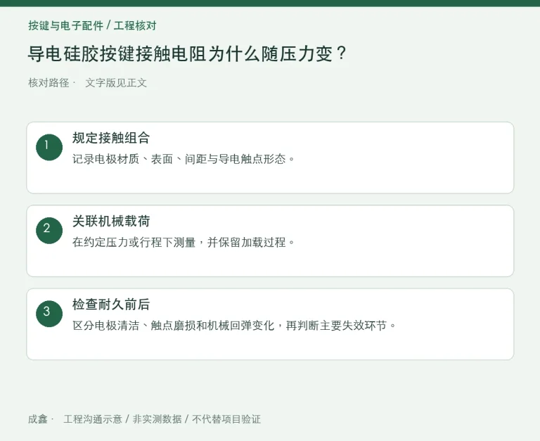 导电硅胶按键接触电阻为什么随压力变？测量载荷与电极状态：原创工程核对路径示意