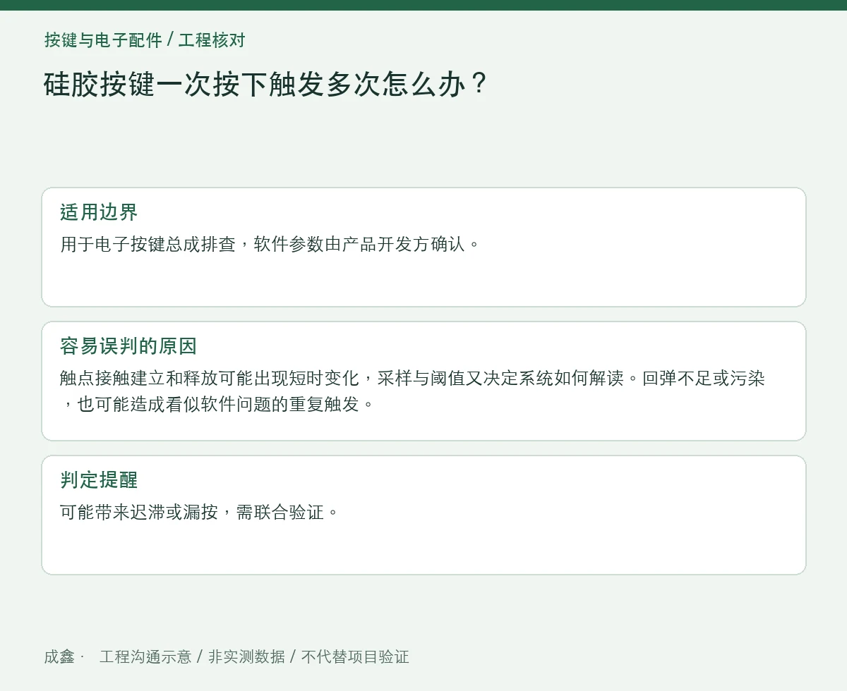 硅胶按键一次按下触发多次怎么办?触点抖动与系统消抖分工 适用边界与判定提醒图