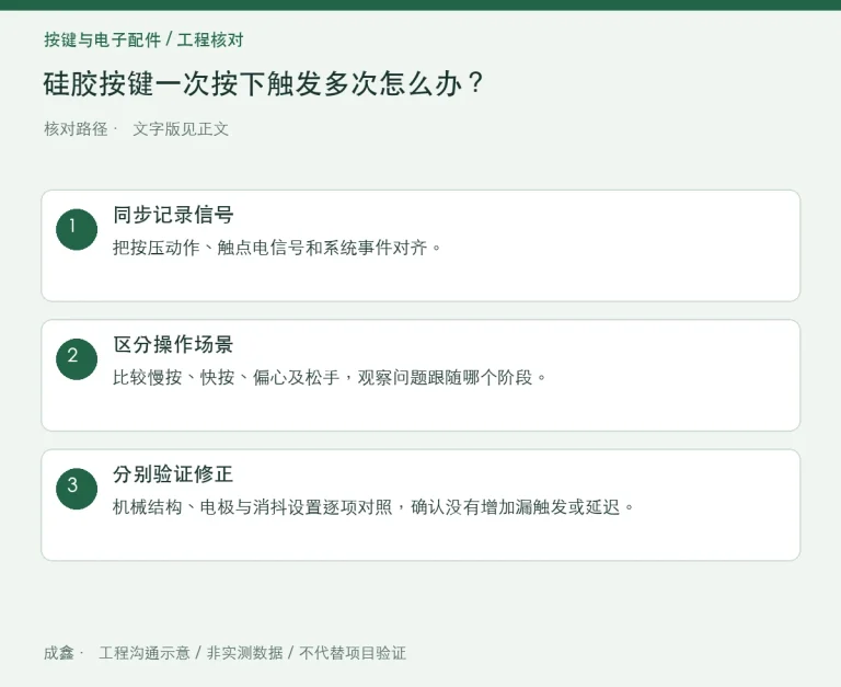 硅胶按键一次按下触发多次怎么办？触点抖动与系统消抖分工：原创工程核对路径示意