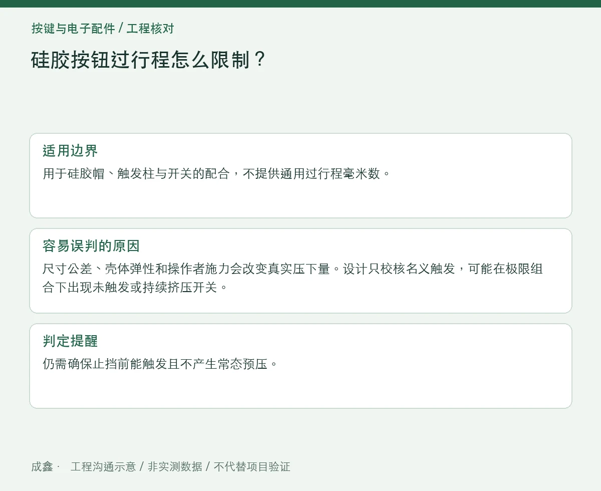 硅胶按钮过行程怎么限制？触发位置与保护位置分开设计 适用边界与判定提醒图