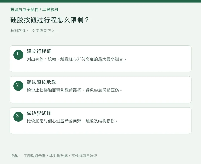 硅胶按钮过行程怎么限制？触发位置与保护位置分开设计：原创工程核对路径示意