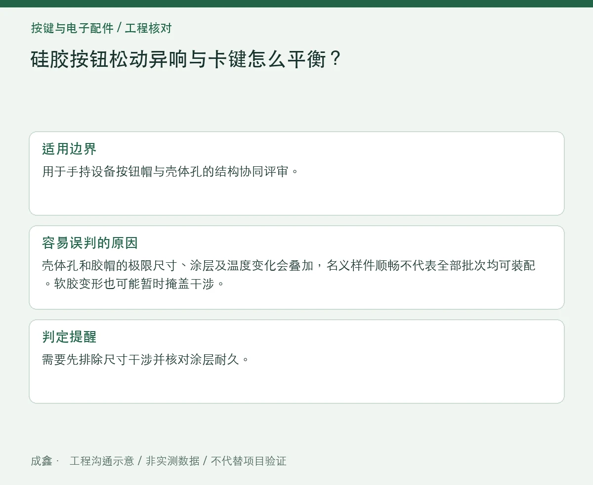 硅胶按钮松动异响与卡键怎么平衡?间隙、导向和摩擦对照 适用边界与判定提醒图