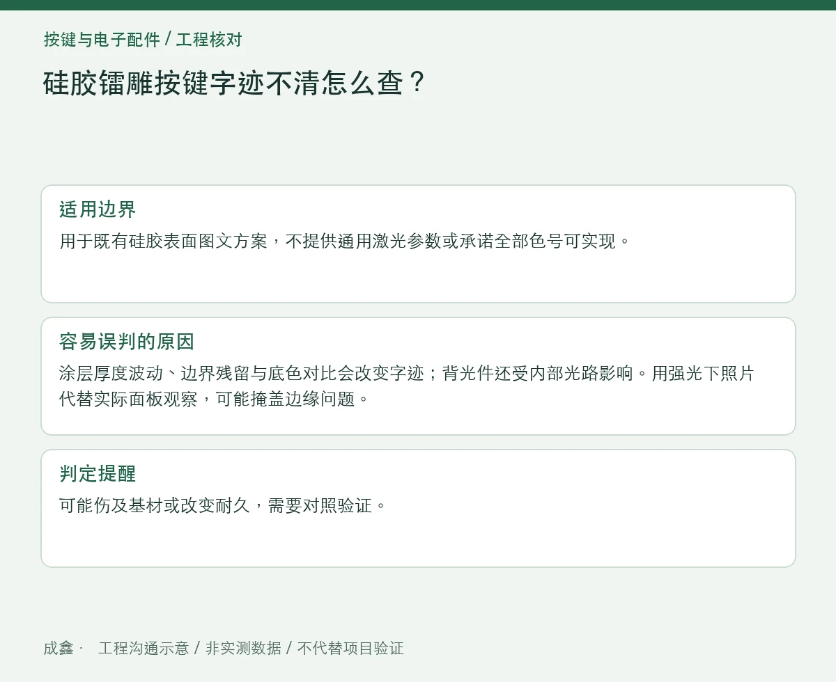 硅胶镭雕按键字迹不清怎么查?涂层、基色与透光路径 适用边界与判定提醒图