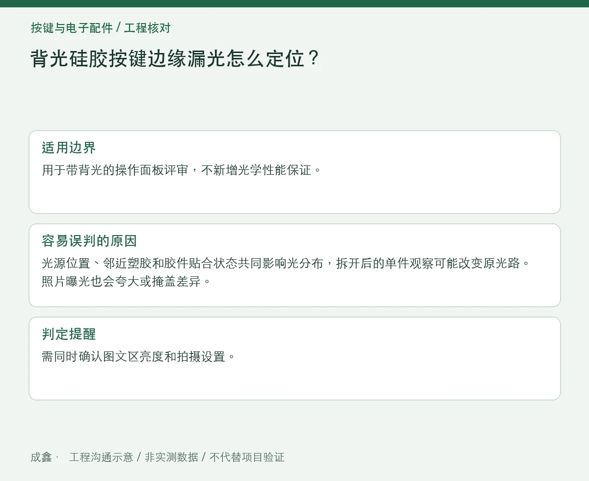 背光硅胶按键边缘漏光怎么定位?光源、遮光与装配缝分区 适用边界与判定提醒图