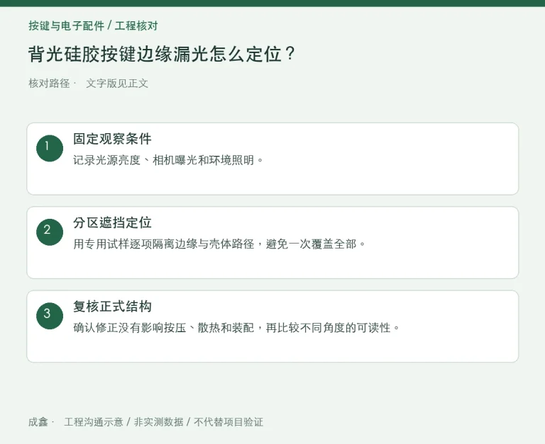背光硅胶按键边缘漏光怎么定位？光源、遮光与装配缝分区：原创工程核对路径示意