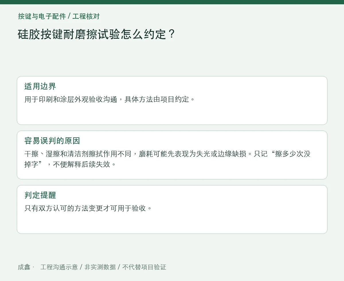 硅胶按键耐磨擦试验怎么约定?介质、载荷与可读性判据 适用边界与判定提醒图