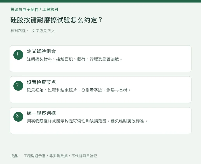 硅胶按键耐磨擦试验怎么约定？介质、载荷与可读性判据：原创工程核对路径示意
