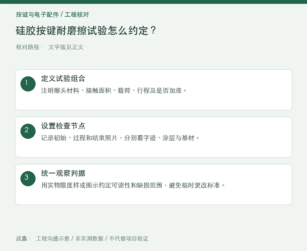 硅胶按键耐磨擦试验怎么约定?介质、载荷与可读性判据 三步核对图