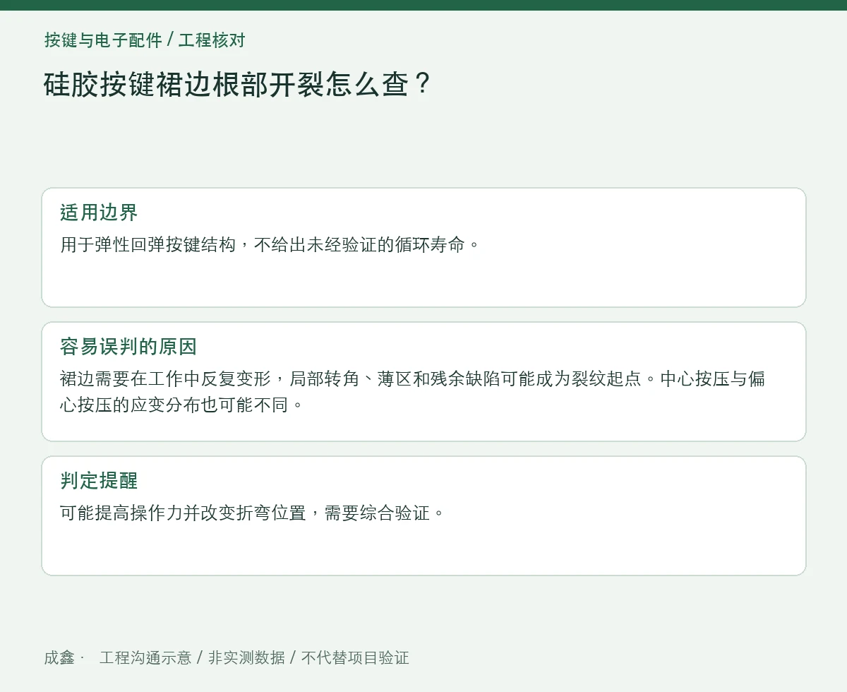硅胶按键裙边根部开裂怎么查?折弯区域与模具过渡 适用边界与判定提醒图