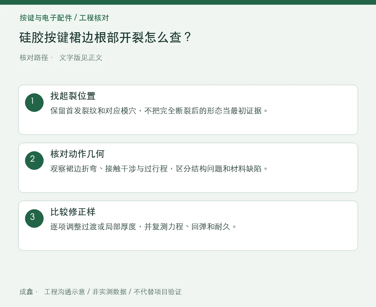 硅胶按键裙边根部开裂怎么查?折弯区域与模具过渡 三步核对图