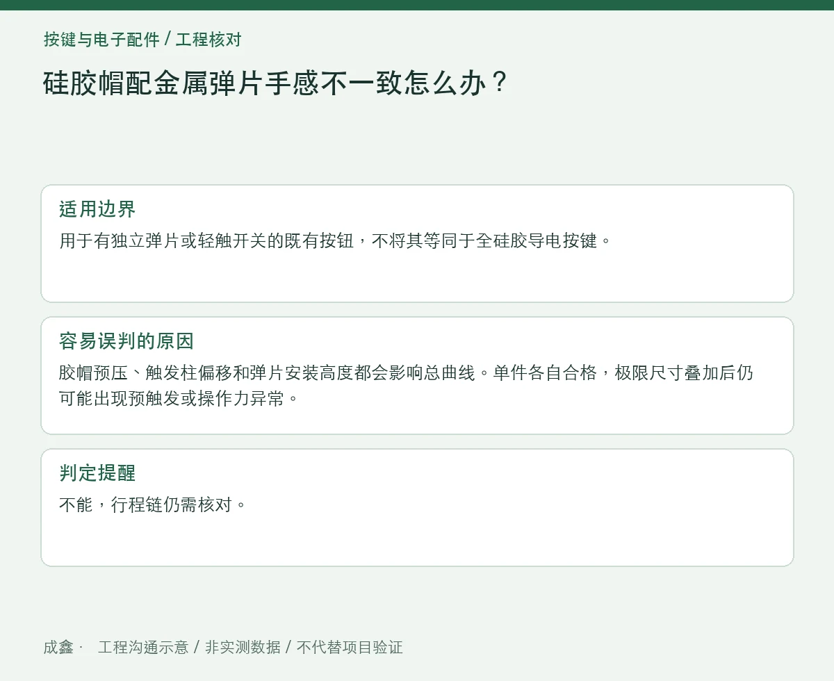 硅胶帽配金属弹片手感不一致怎么办？胶帽与弹片分级测量 适用边界与判定提醒图