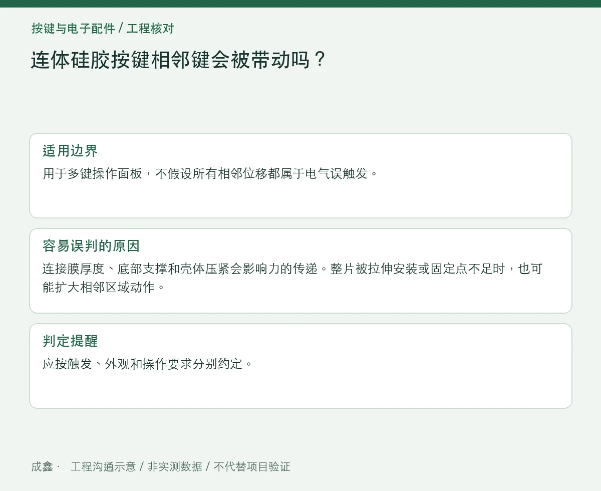 连体硅胶按键相邻键会被带动吗?联动与支撑分区验证 适用边界与判定提醒图