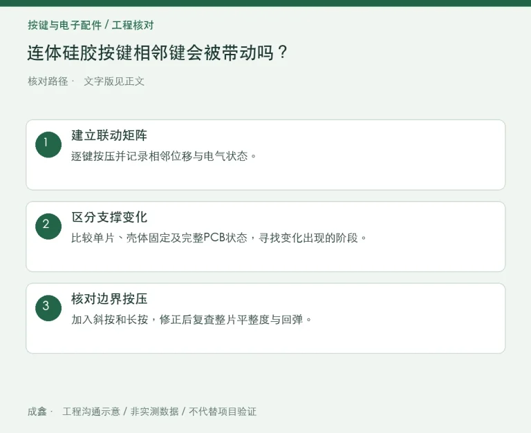 连体硅胶按键相邻键会被带动吗？联动与支撑分区验证：原创工程核对路径示意