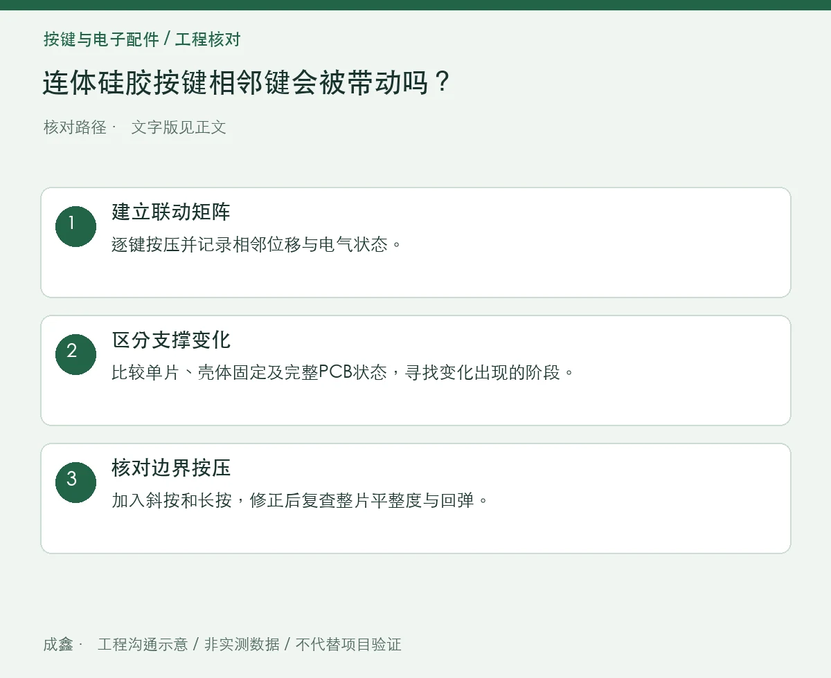 连体硅胶按键相邻键会被带动吗?联动与支撑分区验证 三步核对图