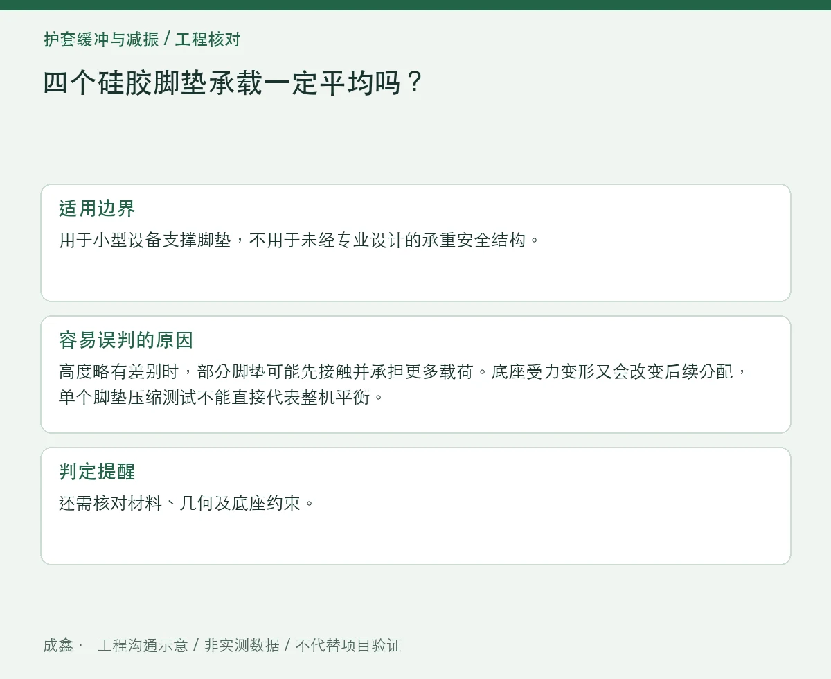 四个硅胶脚垫承载一定平均吗？重心与安装高度差的核对 适用边界与判定提醒图