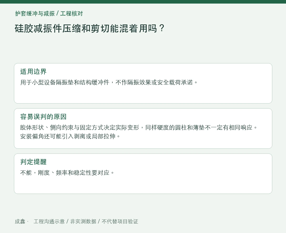 硅胶减振件压缩和剪切能混着用吗?受力方向与安装姿态 适用边界与判定提醒图