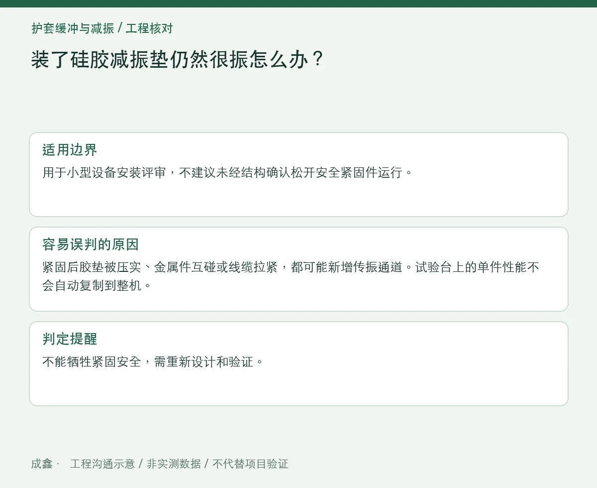 装了硅胶减振垫仍然很振怎么办？螺钉刚性短接排查 适用边界与判定提醒图