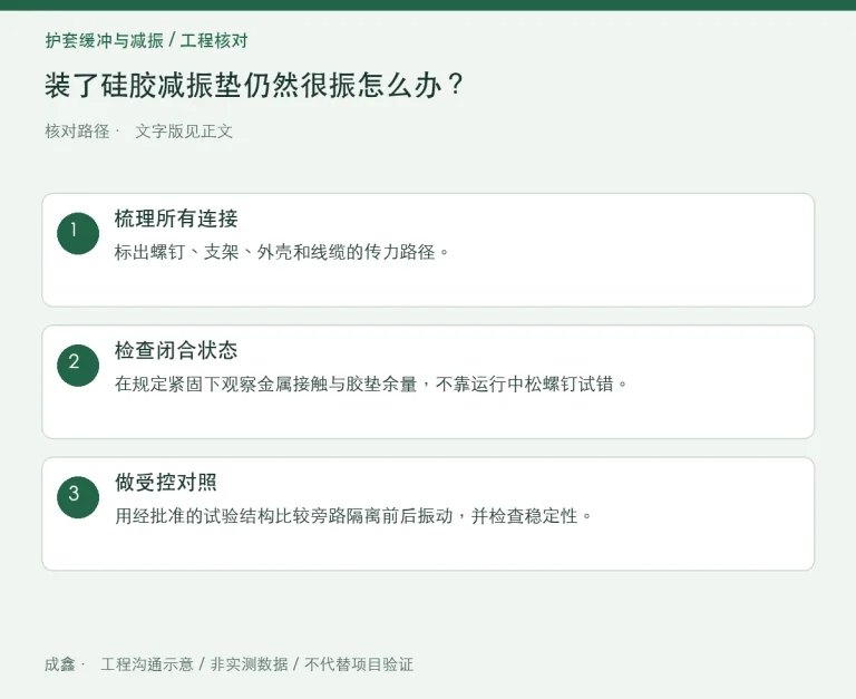 装了硅胶减振垫仍然很振怎么办？螺钉刚性短接排查：原创工程核对路径示意