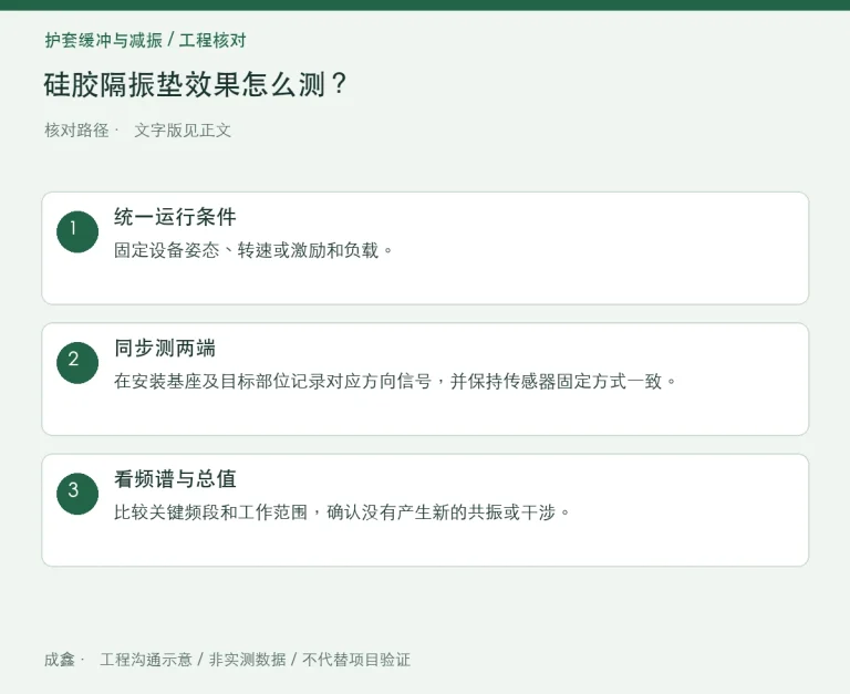 硅胶隔振垫效果怎么测？输入、输出与传感器位置：原创工程核对路径示意