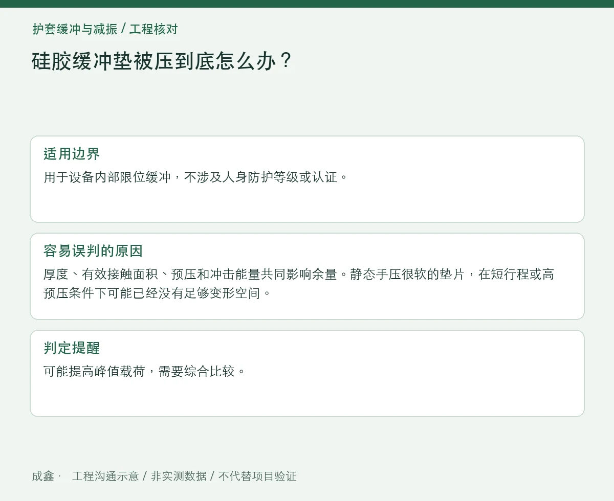 硅胶缓冲垫被压到底怎么办？吸能行程与硬碰撞分开判断 适用边界与判定提醒图