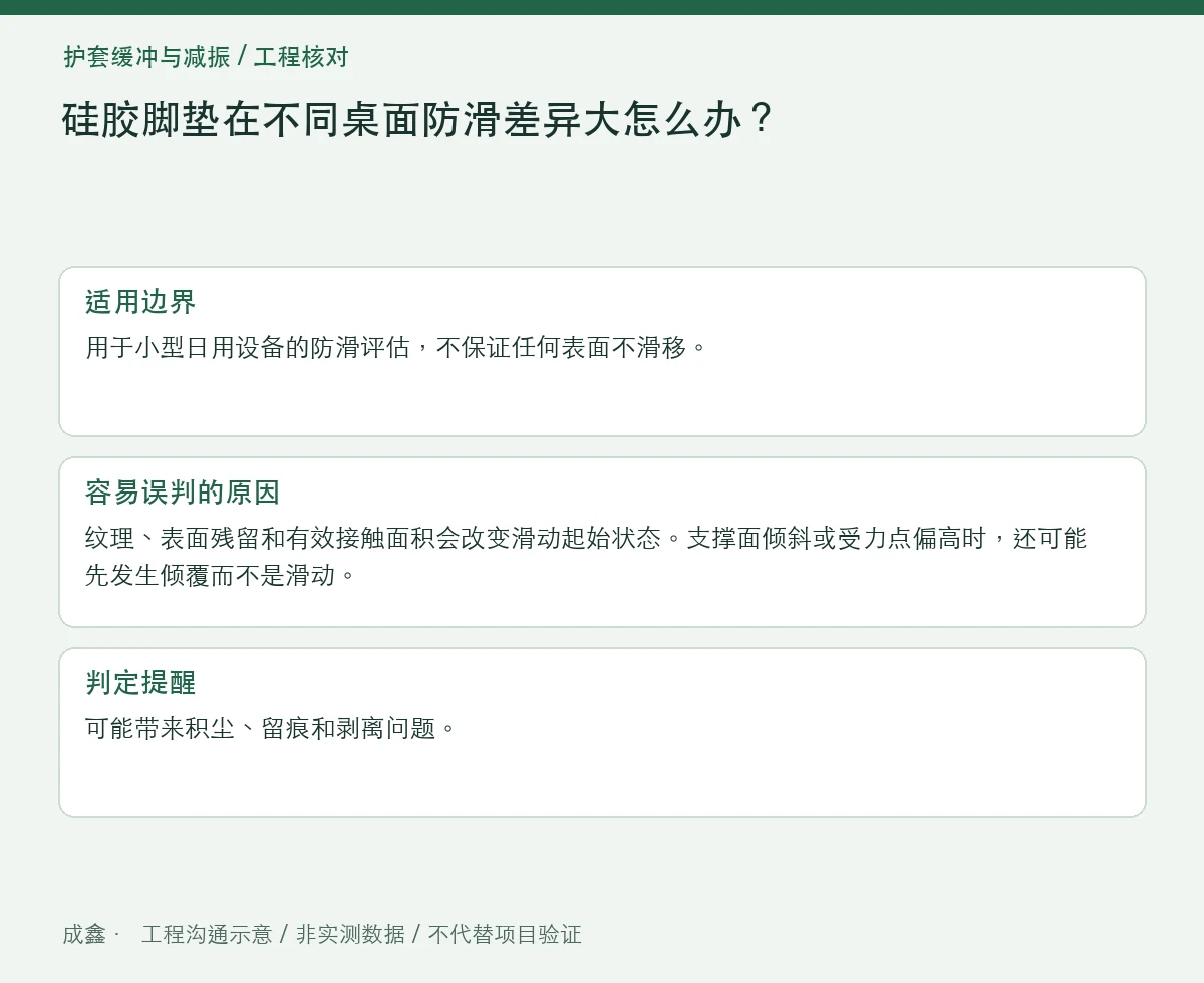 硅胶脚垫在不同桌面防滑差异大怎么办?接触面与污染对照 适用边界与判定提醒图