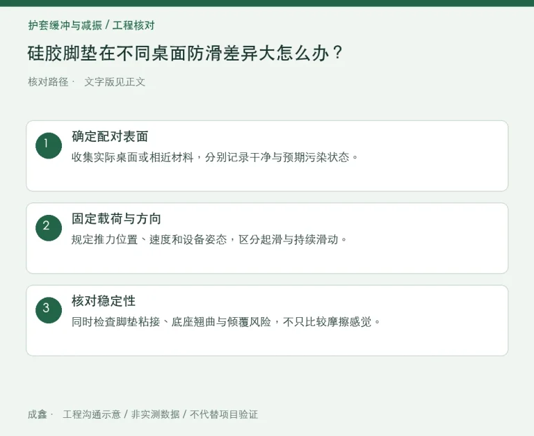 硅胶脚垫在不同桌面防滑差异大怎么办？接触面与污染对照：原创工程核对路径示意