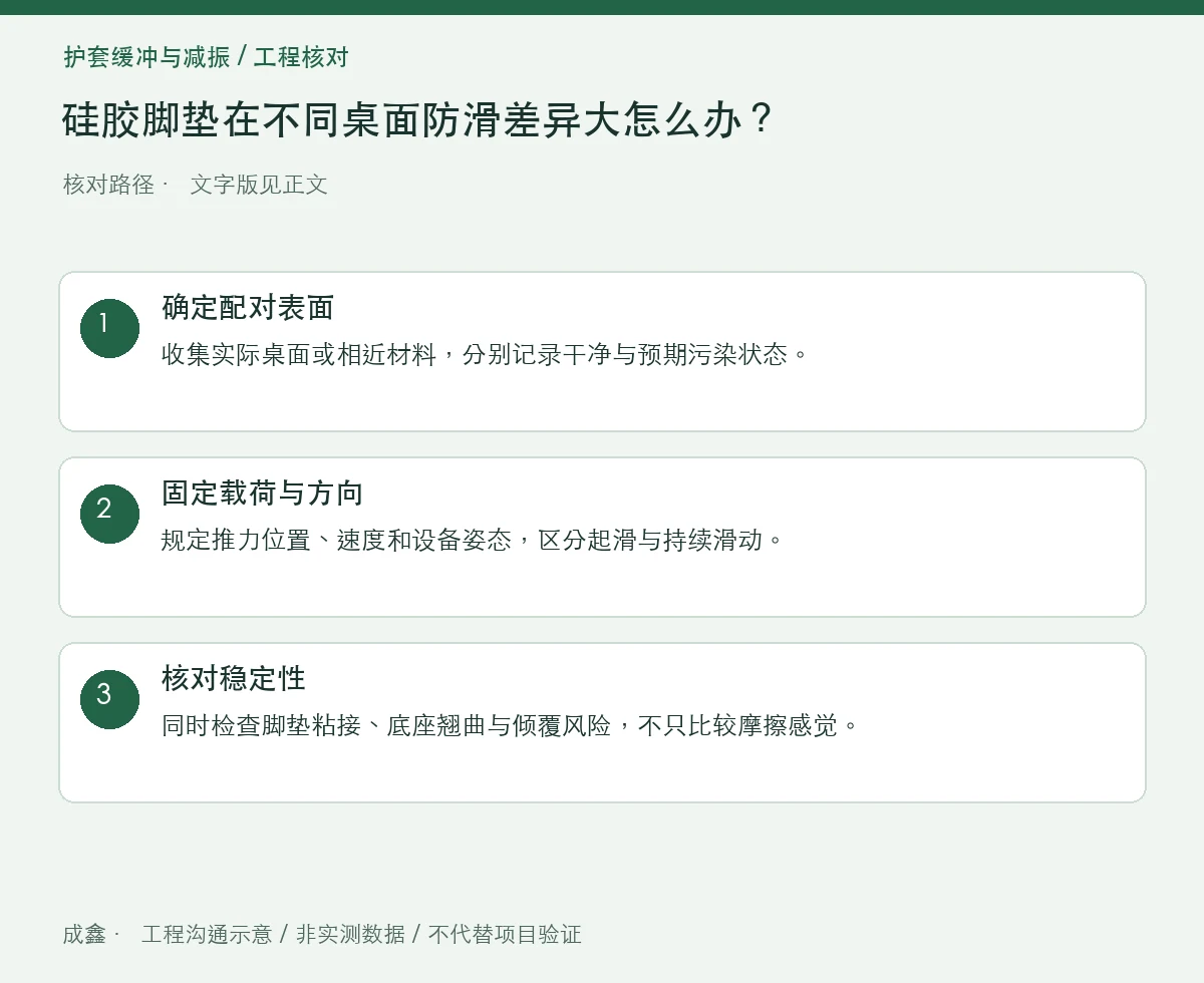 硅胶脚垫在不同桌面防滑差异大怎么办?接触面与污染对照 三步核对图
