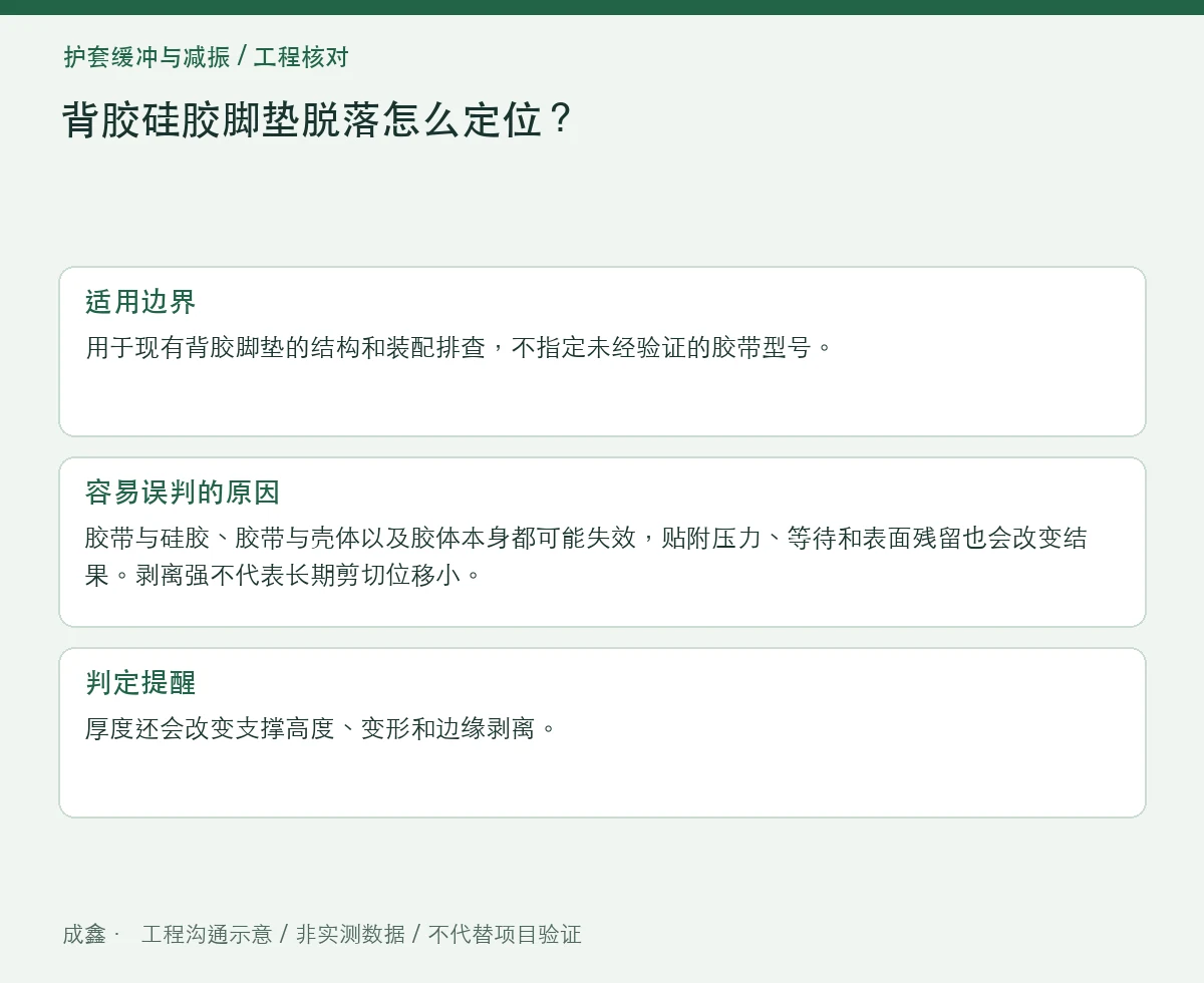 背胶硅胶脚垫脱落怎么定位?胶层、界面与受力方向 适用边界与判定提醒图