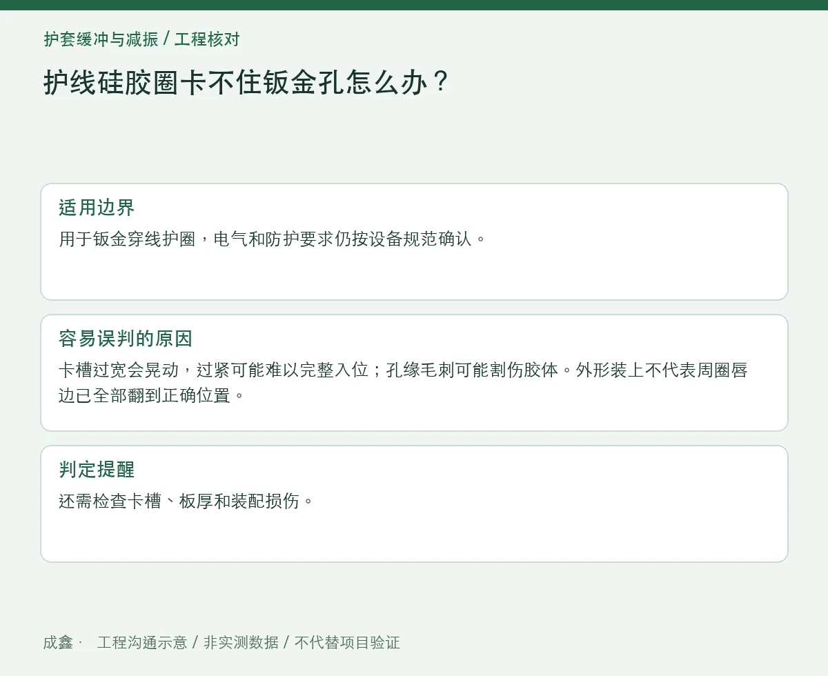 护线硅胶圈卡不住钣金孔怎么办？板厚、孔缘与卡槽配合 适用边界与判定提醒图