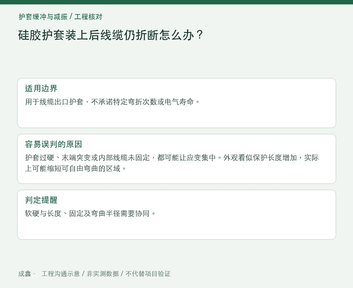 硅胶护套装上后线缆仍折断怎么办？弯曲起点与应变释放 适用边界与判定提醒图