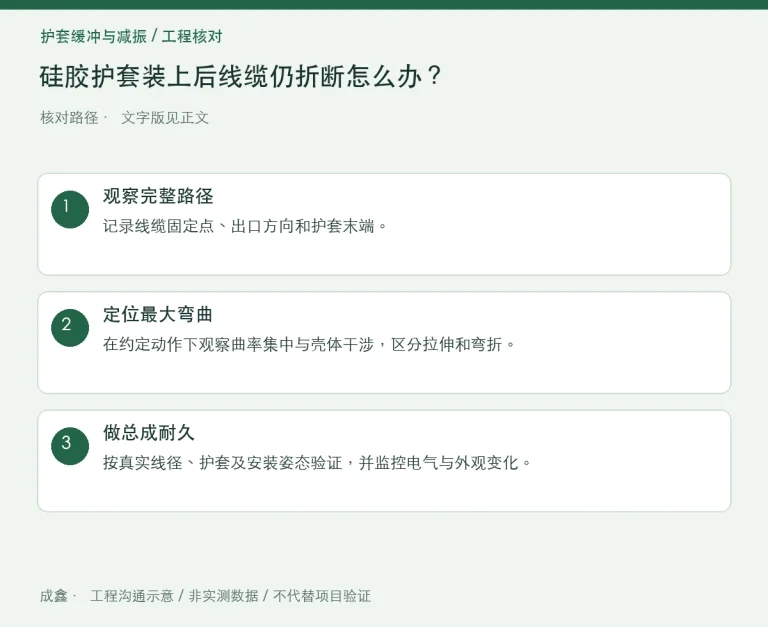 硅胶护套装上后线缆仍折断怎么办？弯曲起点与应变释放：原创工程核对路径示意