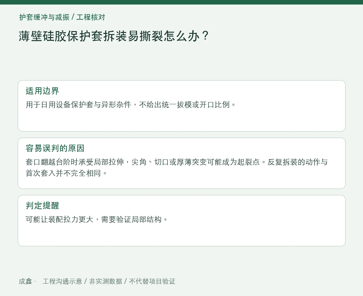 薄壁硅胶保护套拆装易撕裂怎么办？翻边、开口与应力集中 适用边界与判定提醒图