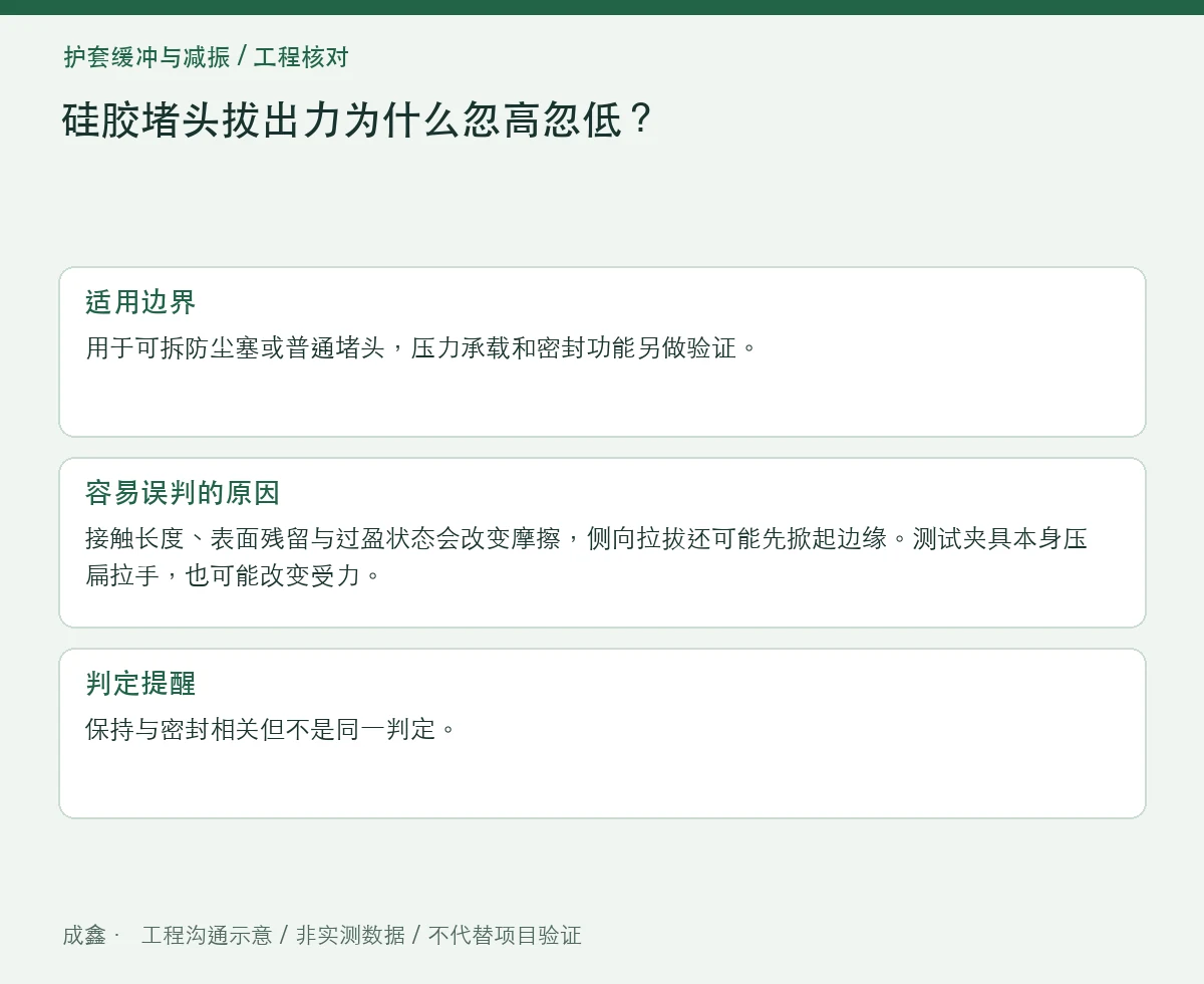 硅胶堵头拔出力为什么忽高忽低?方向、速度与装配深度 适用边界与判定提醒图