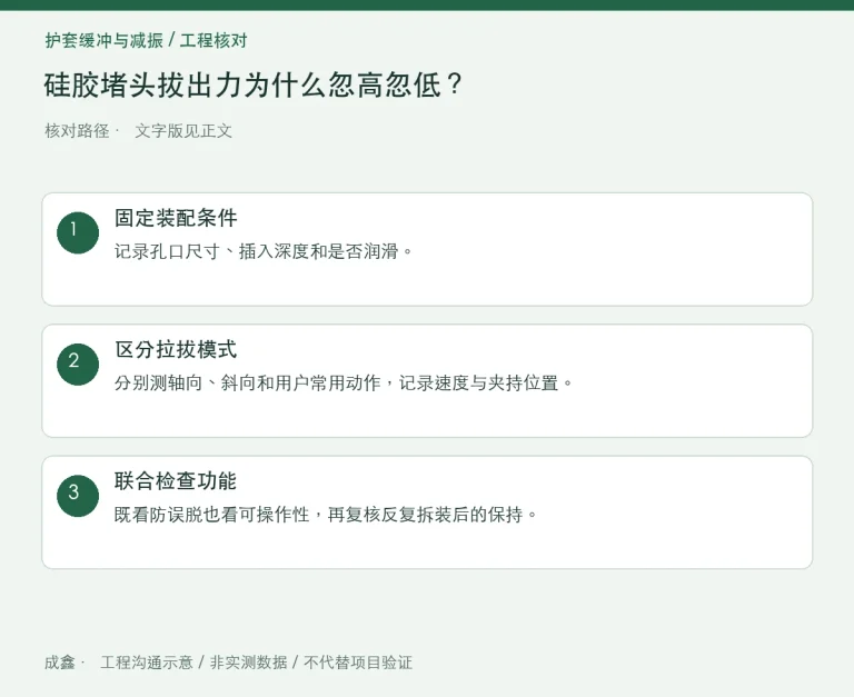 硅胶堵头拔出力为什么忽高忽低？方向、速度与装配深度：原创工程核对路径示意