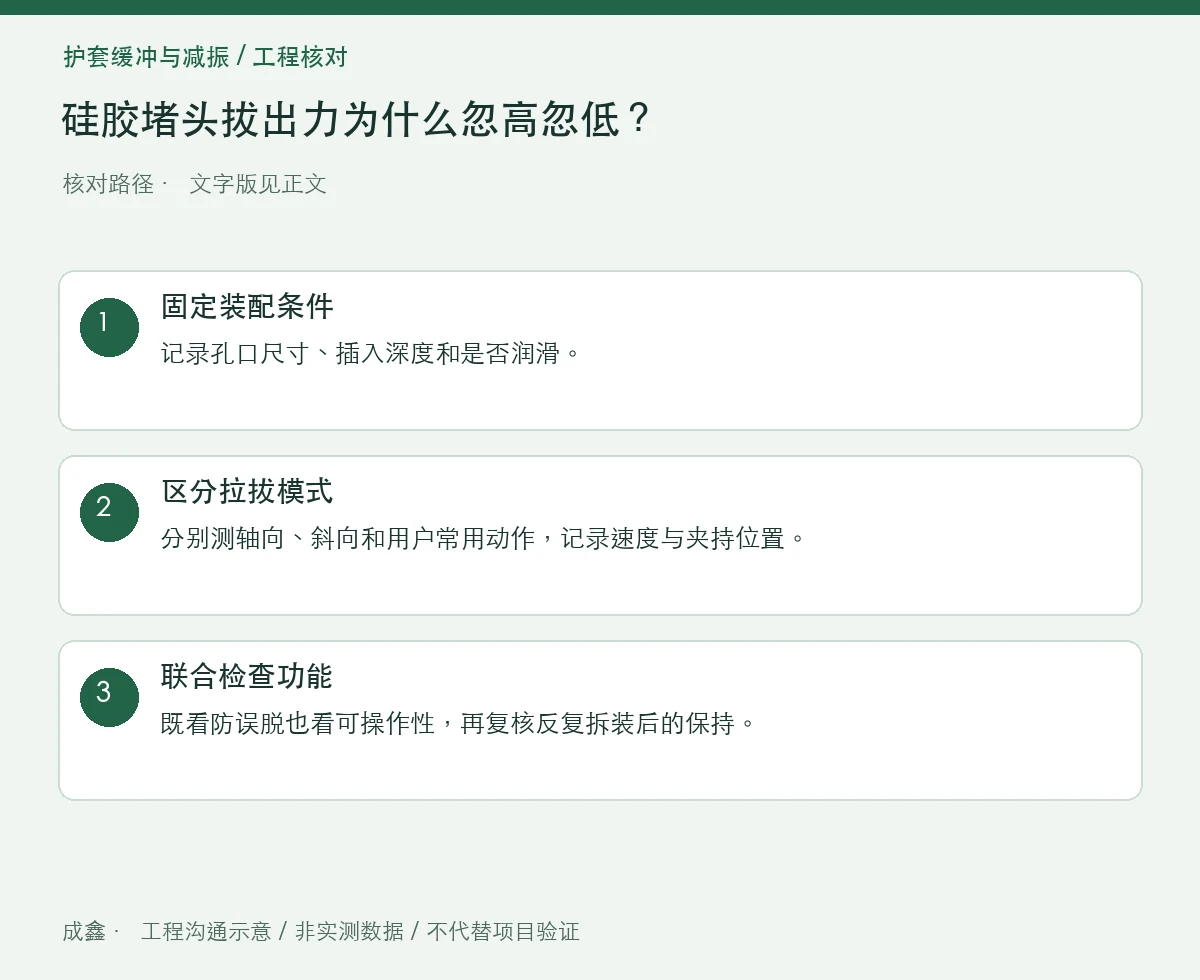 硅胶堵头拔出力为什么忽高忽低?方向、速度与装配深度 三步核对图