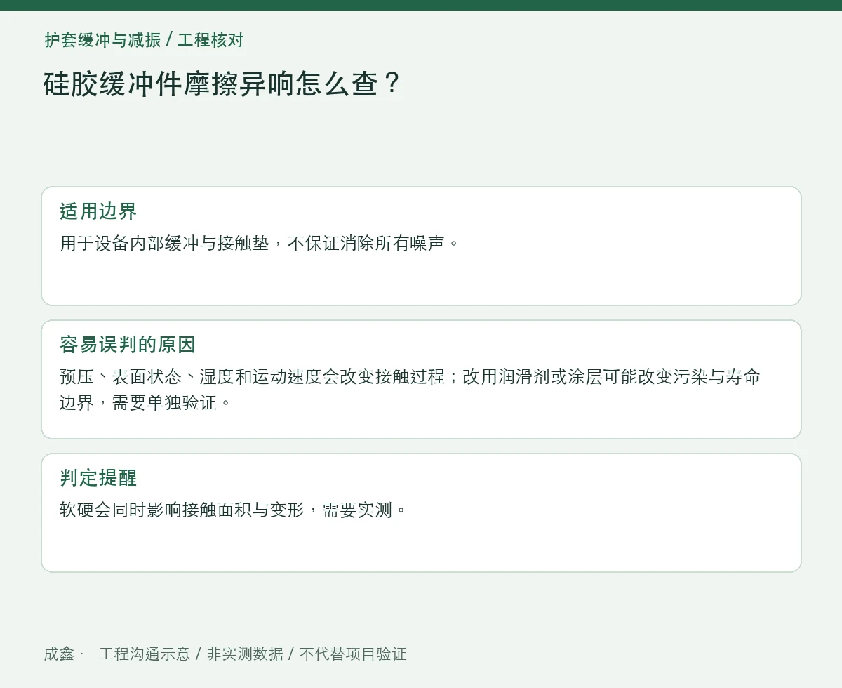 硅胶缓冲件摩擦异响怎么查?滑移、表面和预压条件 适用边界与判定提醒图