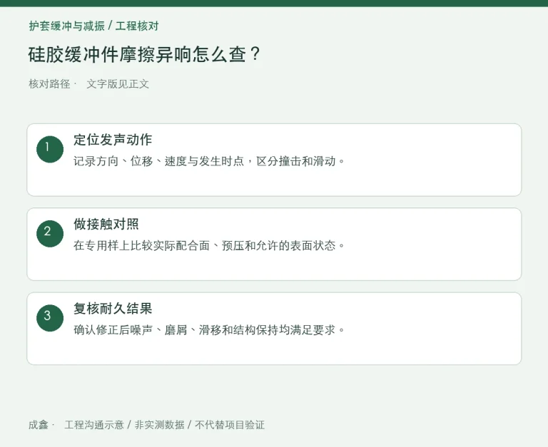 硅胶缓冲件摩擦异响怎么查？滑移、表面和预压条件：原创工程核对路径示意