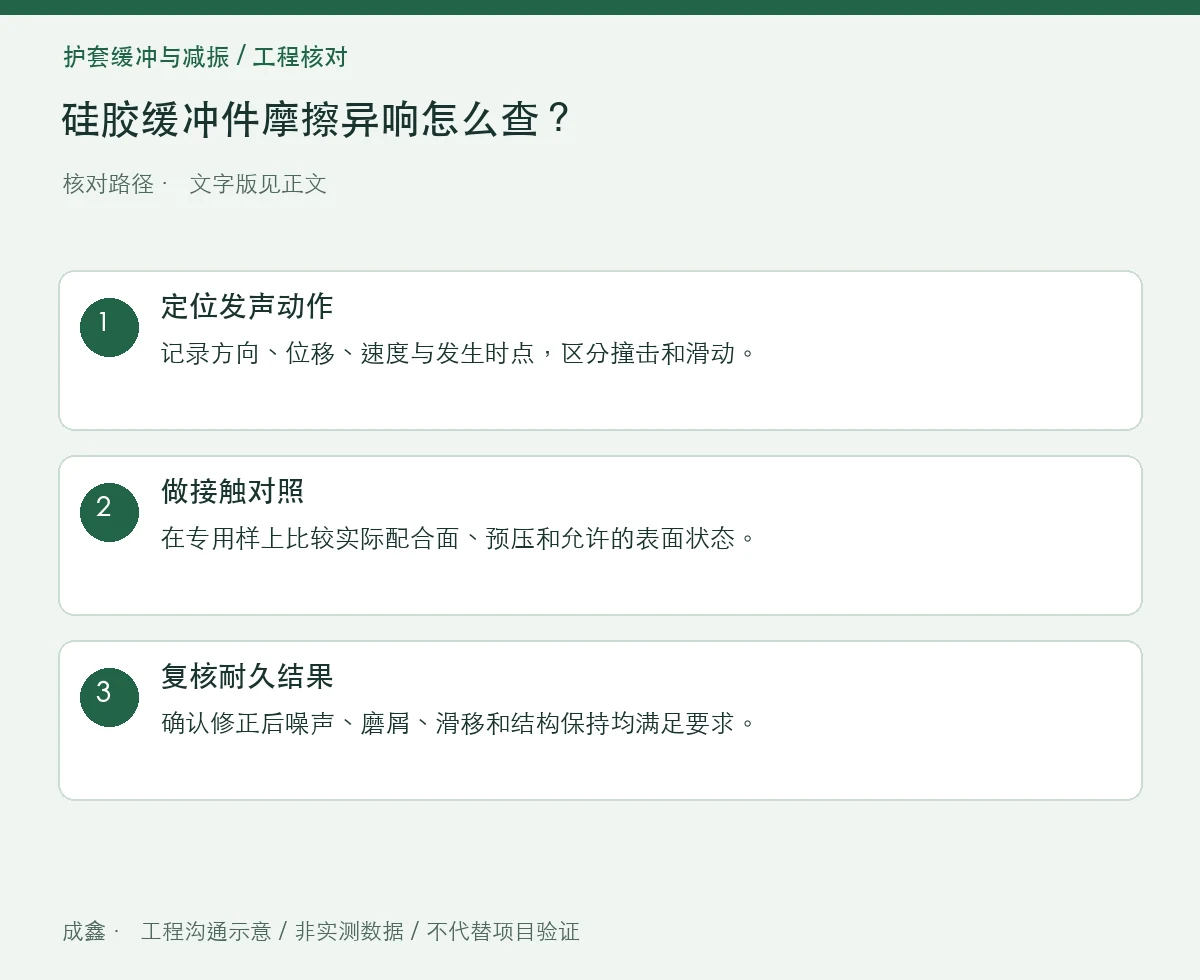 硅胶缓冲件摩擦异响怎么查?滑移、表面和预压条件 三步核对图