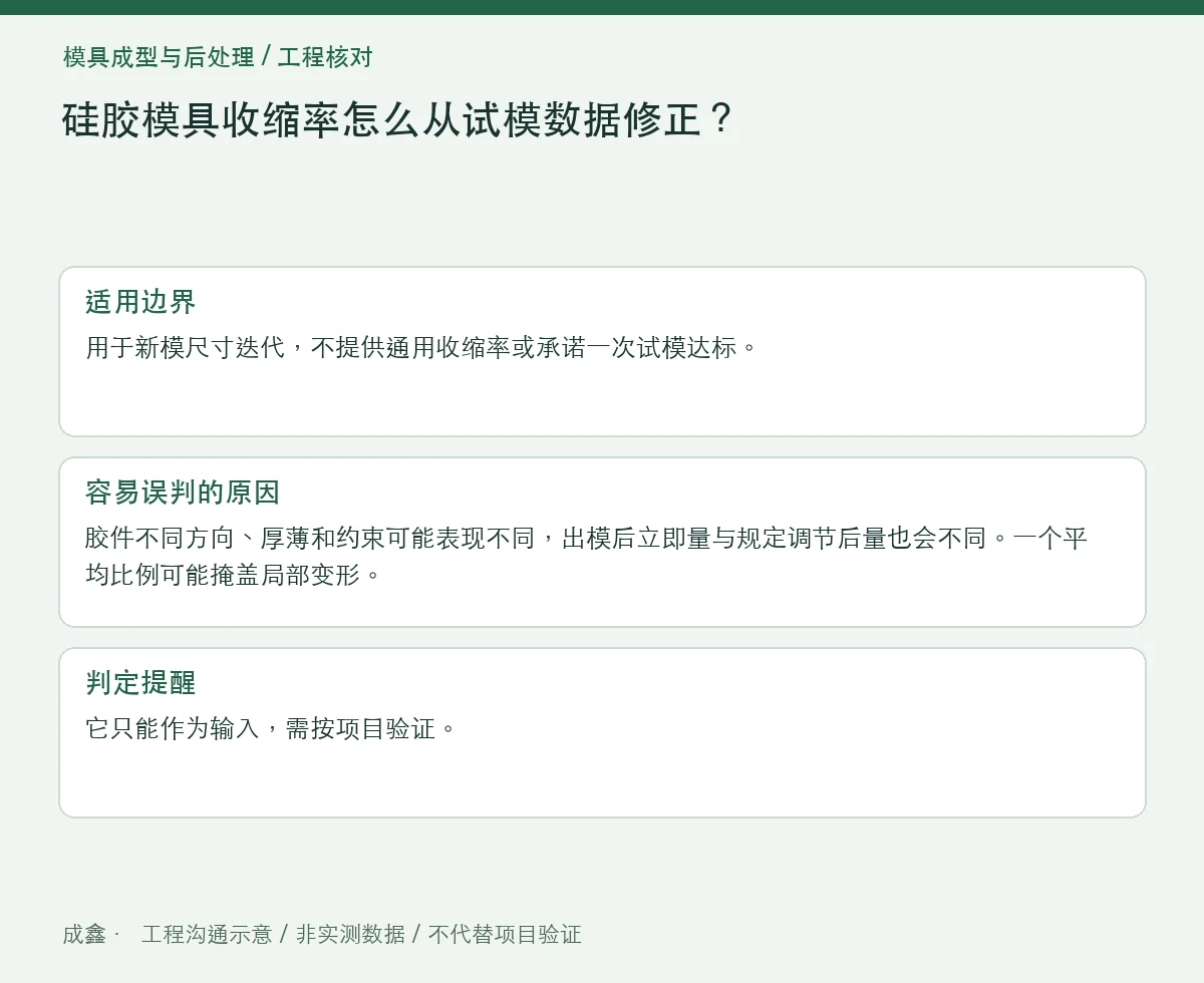 硅胶模具收缩率怎么从试模数据修正?分方向与分穴记录 适用边界与判定提醒图