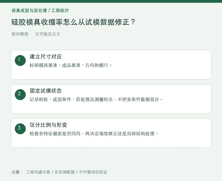 硅胶模具收缩率怎么从试模数据修正？分方向与分穴记录：原创工程核对路径示意