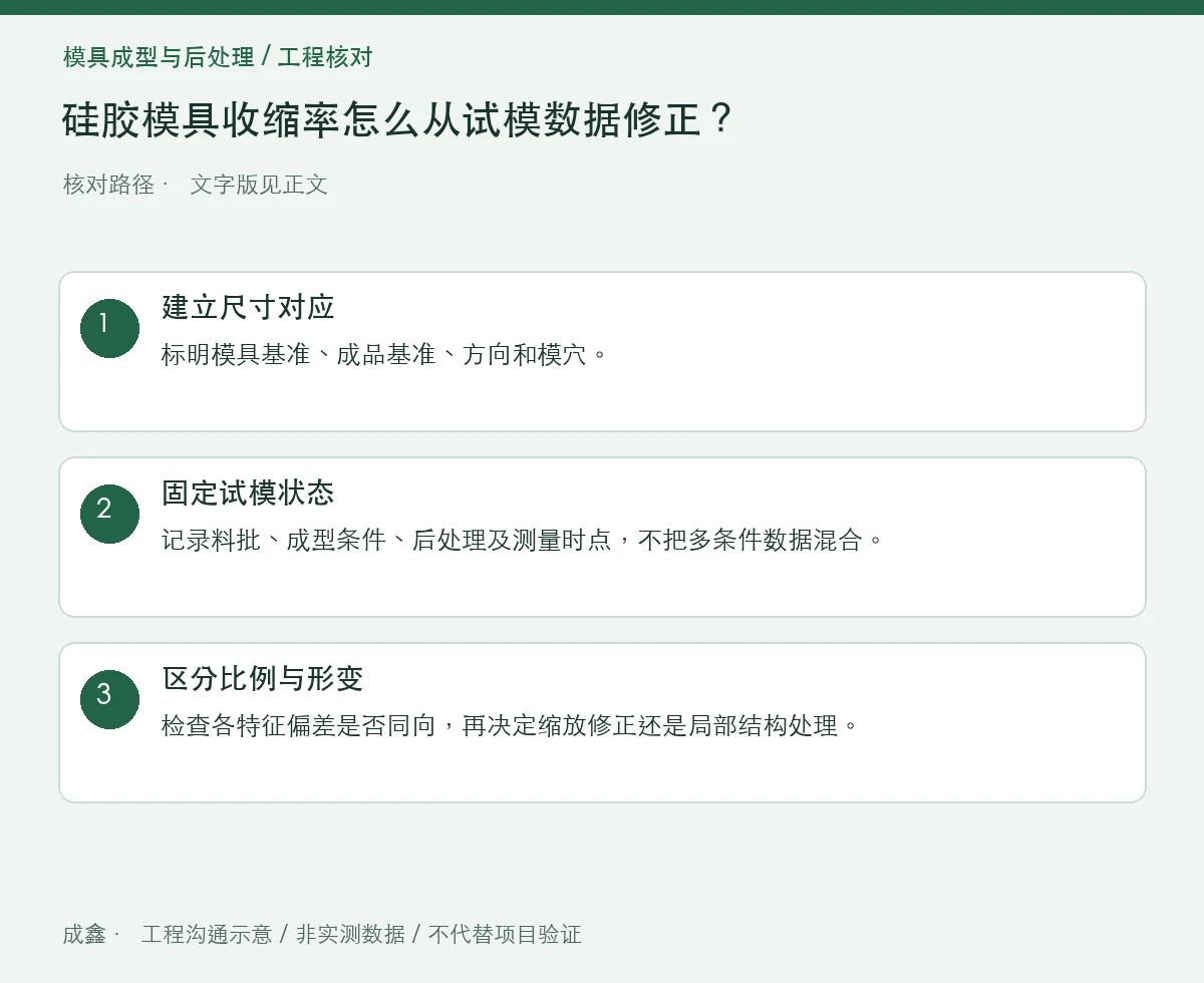 硅胶模具收缩率怎么从试模数据修正?分方向与分穴记录 三步核对图