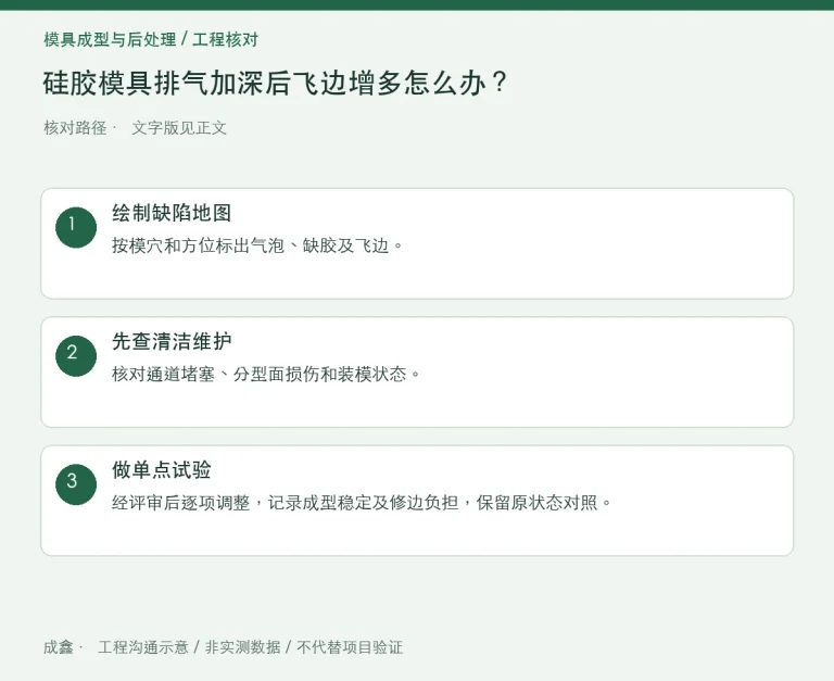 硅胶模具排气加深后飞边增多怎么办？缺陷地图与维护状态：原创工程核对路径示意