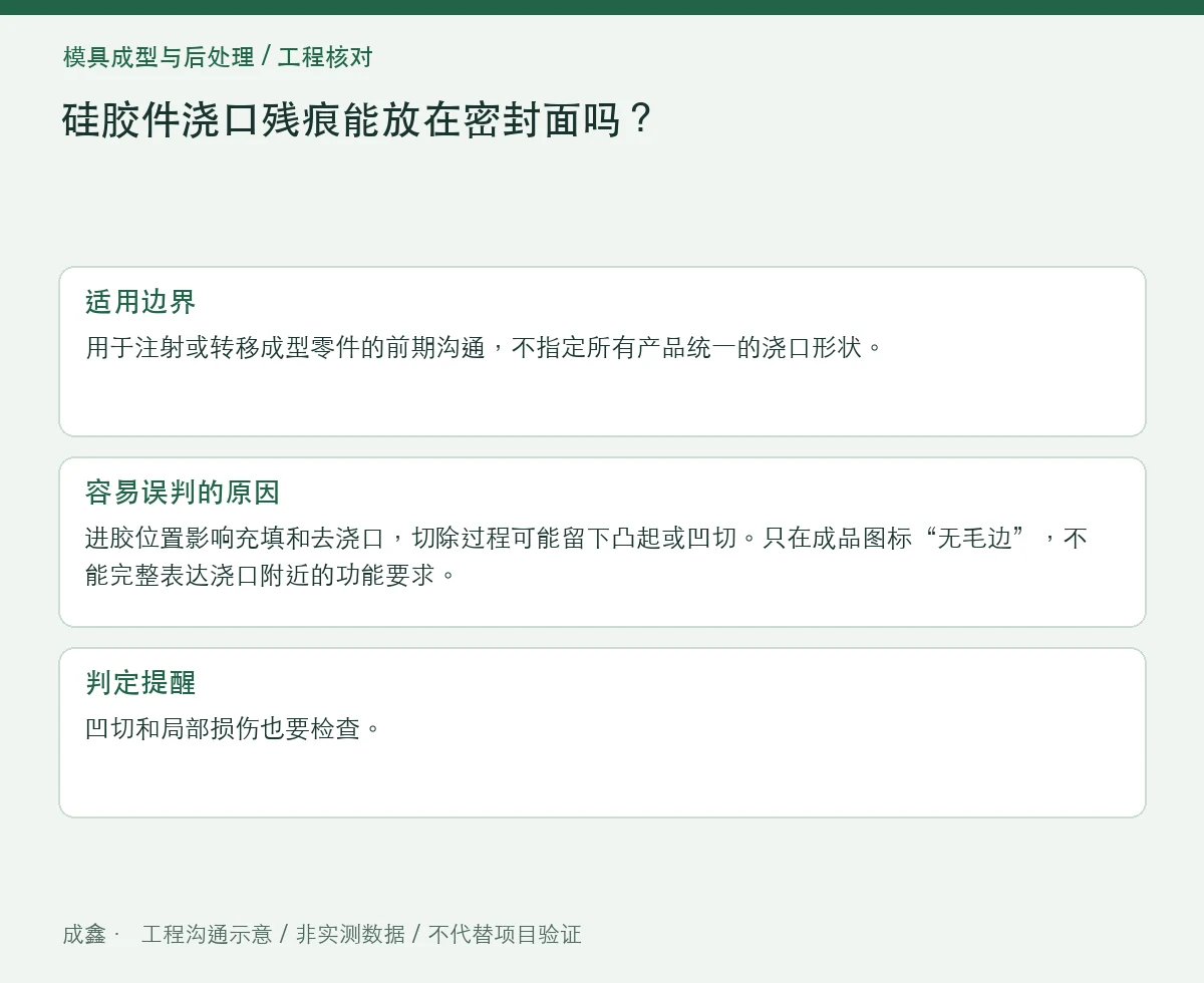 硅胶件浇口残痕能放在密封面吗?位置与去除方式先确认 适用边界与判定提醒图