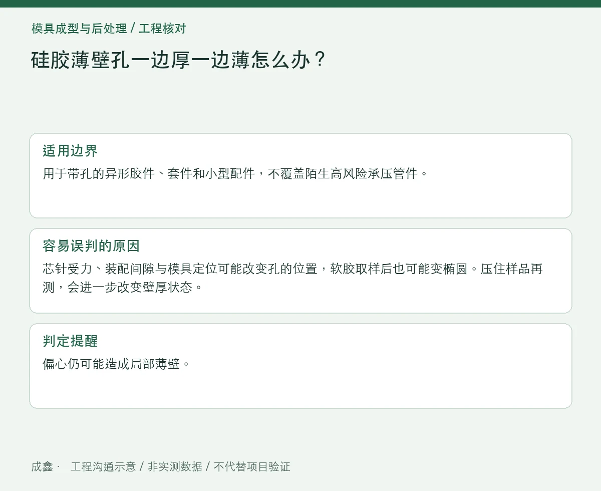 硅胶薄壁孔一边厚一边薄怎么办?芯针偏移与测量基准 适用边界与判定提醒图