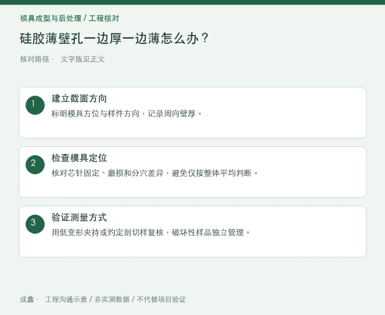 硅胶薄壁孔一边厚一边薄怎么办？芯针偏移与测量基准：原创工程核对路径示意