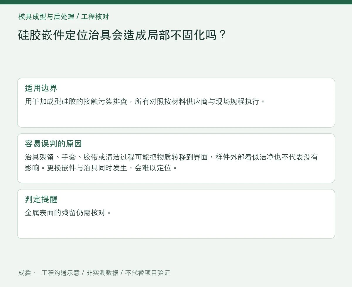 硅胶嵌件定位治具会造成局部不固化吗?接触材料对照 适用边界与判定提醒图