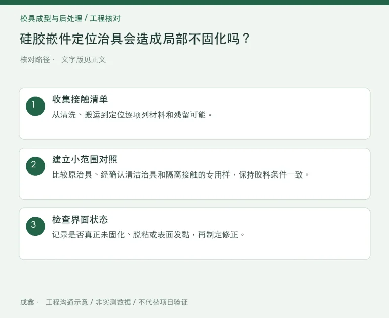 硅胶嵌件定位治具会造成局部不固化吗？接触材料对照：原创工程核对路径示意